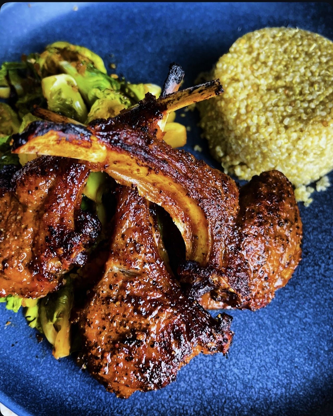 Seared lamb chops with quinoa & roasted brussels sprouts