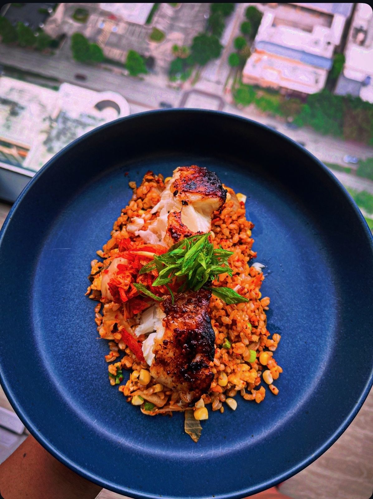 Roasted seabass with kimchi fried rice